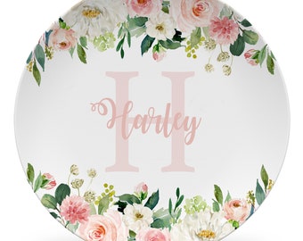 Personalized Girl Plate with flowers and name and initial, plate, bowl, mug, placemat, girl's plate pink, personalized gift