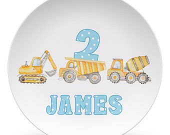 Construction Plate, dump truck with age number, backhoe, cement truck, Construction, Keepsake or daily use, kid's plate, mug, placemat, bowl