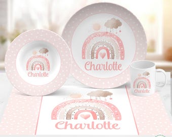 Personalized Rainbow Plate or Set - Pink Boho Baby Gift Girl Dinnerware