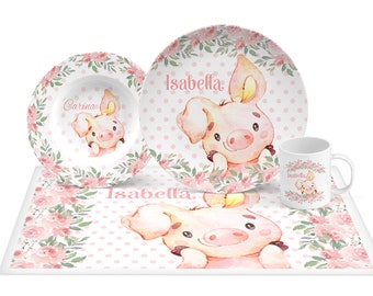 Cute Pig Plate, Personalized Plate, bowl, mug, placemat options, pig gift, pink flower border, keepsake quality daily use, baby gift