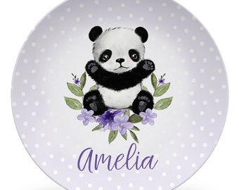 Panda Plate, Personalized Plate, cute panda bear gift, Girl Plate, Flowers, keepsake quality or everyday use, baby gift, girl