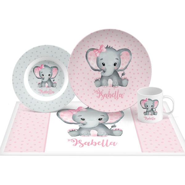 Elephant Plate Set personalized with child's name, girl gift, pink, keepsake quality or daily use, toddler gift, girl gift, cute elephant
