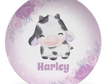 Cow Plate with purple flowers, Cute keepsake or daily use plate, mug, placemat, bowl, barnyard, animals plate, farm animal gift baby girl