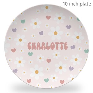 Groovy Daisy Hearts Plate Set, Personalized Plate in pink, Retro 70s baby girl gift, keepsake quality or daily use