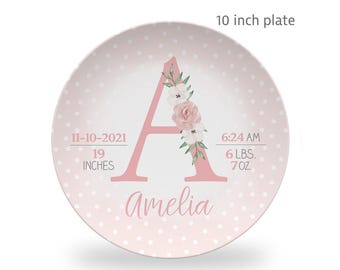Personalized Baby Birth Stats Plate, Floral Initial, Keepsake Gift