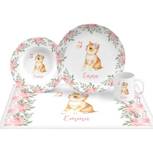 Kitten Plate Set, Personalized Plate, cat, kitten and butterfly Plate with floral border, keepsake quality or everyday use, baby gift, girl