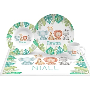 Safari Animals Plate Set, Personalized name plate, Keepsake or daily use plate, mug, placemat, bowl, toddler gift, baby gift boy or girl