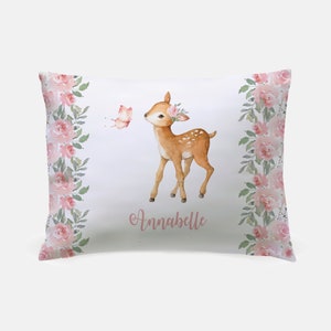 Girl Deer with Flowers Pillowcase, Personalized Pillowcase, deer with butterfly, Forest Animal, Child&#39;s Name