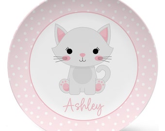 Cat, Kitten, Plate Set personalized with child's name in pink, girl gift, toddler gift, kitten gift