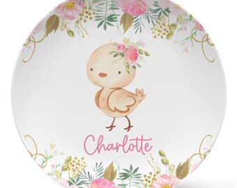 Personalized Baby Chick Plate, Pink Floral Design, Farm Animal Plate