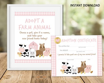 Farm Animal Adoption Sign & Certificate: Girl Barnyard Birthday (Digital Download)