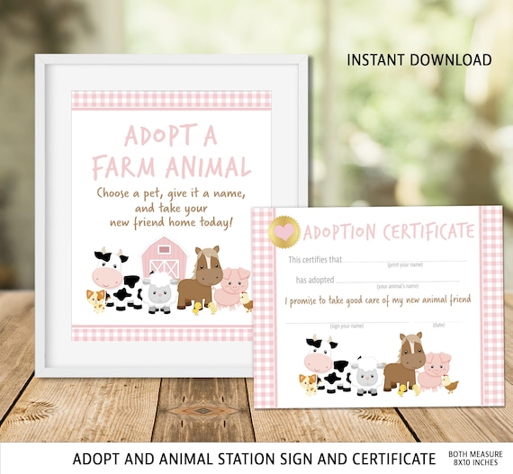 Farm Animal Adoption Sign & Certificate: Girl Barnyard Birthday (Digital Download)