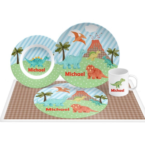 Dinosaur Mealtime Set, plate, bowl, mug, placemat your choice, keepsake plastic plate, dinosaur plate, dinosaur gift, personalized dino