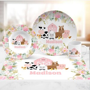 Personalized Girl Farm Animals Plate: Pink Flowers Barnyard Theme Dinnerware
