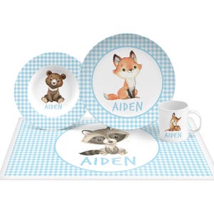 Personalized Forest Animals Plate Bowl Set with Woodland Animals Fox Bear Raccoon Deer in Blue for Boy Birthday Plate Gift Baby Shower