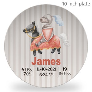 Knight on horse Baby Birth Stats Plate, Personalized Baby gift, Polymer Plastic keepsake or daily use, baby stats gift