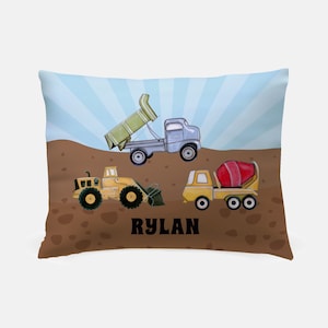 Construction Trucks Personalized Pillowcase, dump truck pillow case, Cement Truck, Bulldozer pillow case, Personalized with Child&#39;s Name