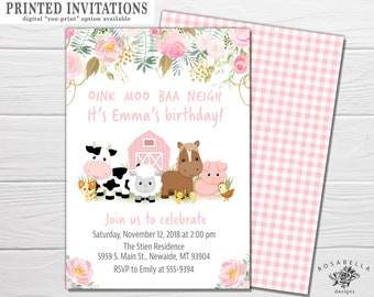 Farm Animals Birthday Invitation for Girl with Flowers pink - Oink, Moo, Baa, Neigh,  any age - Barnyard Fun, cow, horse, sheep, pig