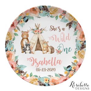 She&#39;s a Wild One First Birthday plate, keepsake or daily use, flowers and forest animals, boho chic, teepee gift
