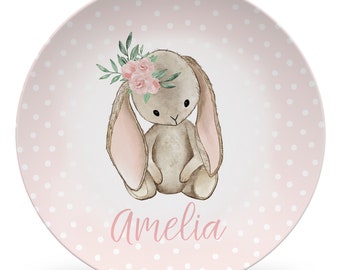 Bunny Plate, Personalized Plate, cute rabbit gift, Girl Plate, Flowers, keepsake quality or everyday use, baby gift, girl