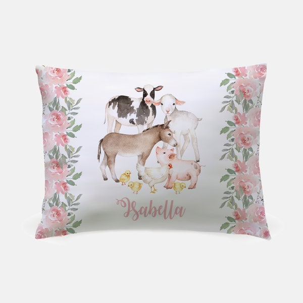 Girl Farm Animals with Flowers Pillowcase, Personalized Pillowcase, barnyard animals, cow, pig, chicken, lamb, donkey, Child's Name