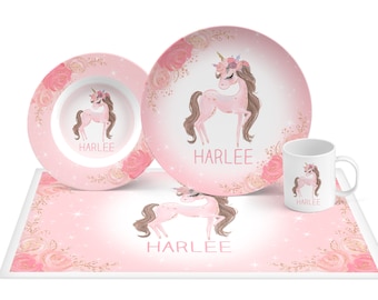 Unicorn Plate Pink Flowers - Girl Keepsake or everyday use plate, kid's plate, mug, placemat, bowl available, personalized unicorn gift