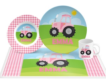 Girl Farm Tractor Plate Set, Keepsake plate, kid's plate, mug, placemat, bowl, Pink Tractor in field, Tractor gift, girl, choose color