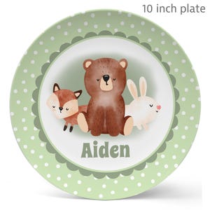 Personalized Forest Animal Plate with name plate for boy or girl toddler custom gift plate with bear rabbit and fox gift birthday shower