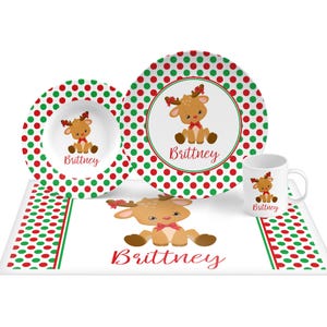 Christmas Reindeer Girl Plate Set, Keepsake plate, girl's plate, mug, placemat, bowl, Red and Green Reindeer with Bows, Reindeer gift, girl