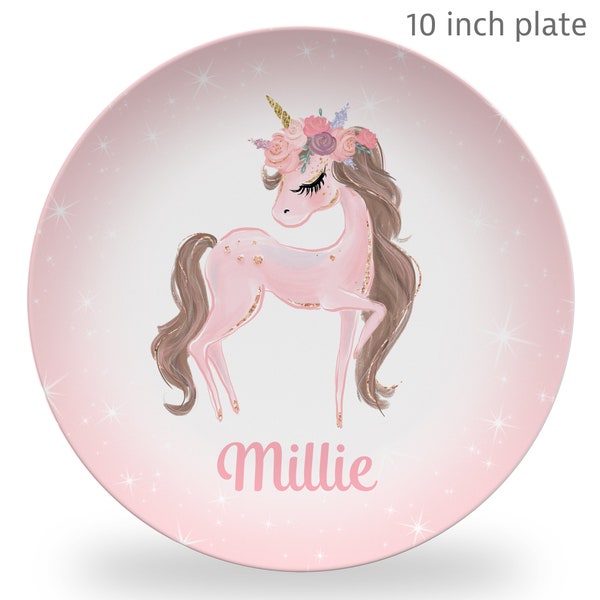 Unicorn Plate Pink Flowers - Girl Keepsake or everyday use plate, kid's plate, mug, placemat, bowl available, personalized unicorn gift