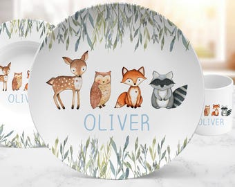 Personalized Woodland Animals Plate or Dinnerware Set, Forest Deer Bear Fox Raccoon