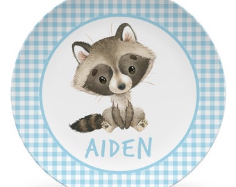 Raccoon Plate Set personalized with child's name, boy gift, blue gingham, keepsake quality or daily use, toddler gift, boy plate cute