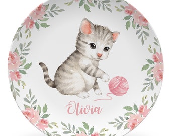 Cat, Kitten, Floral Plate Set personalized with child's name, girl gift, keepsake quality, daily use, toddler gift, girl gift, cat with yarn