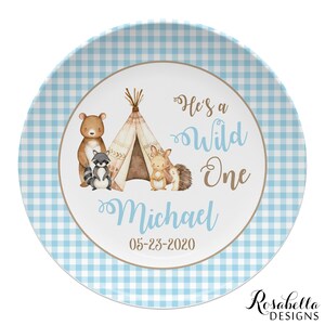 He&#39;s a Wild One First Birthday plate, keepsake or daily use, forest animals and teepee, woodland animals gift