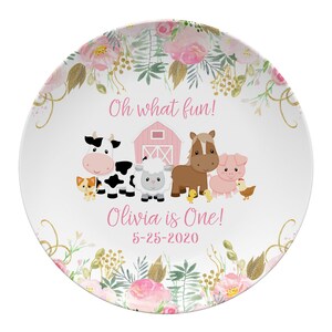 First Birthday Plate Girl Farm Animals Plate, Keepsake or daily use plate, kid&#39;s farm animals pink flowers, 1st birthday plate