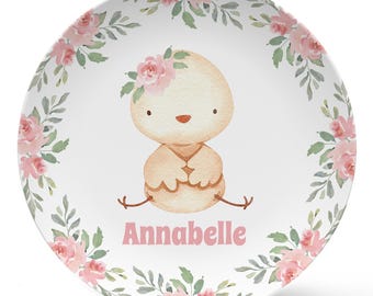 Personalized Baby Chick Plate: Pink Flowers Girl Farm Animal Tableware - Choose Pieces