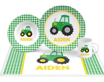 Farm Tractor Plate Set, Keepsake plate, kid's plate, mug, placemat, bowl, John Deere Green Tractor in field, Tractor gift, boy or girl