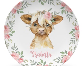 Highland Cow Plate, girl, pink flowers, plate, bowl, mug, or placemat options, highland cow gift, cow plate set, cow gift, flowers, pink