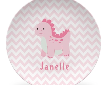 Girl Dinosaur Plate, Bowl, Mug, placemat, girl gift plate with cute dinosaur, choose your font for name, dinosaur gift, pink or choose color