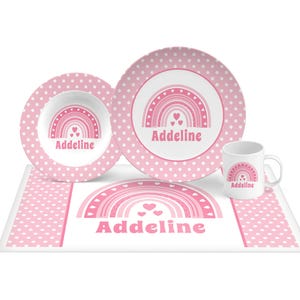 Personalized Rainbow Plate Pink Girl Gift for Toddler Baby Child Birthday Plate Bowl Set Child Plastic Dinnerware Rainbow with Hearts Gift