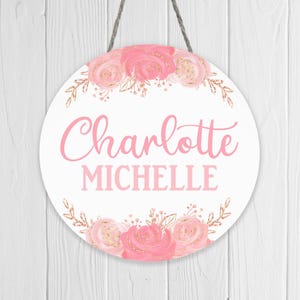 Pink Flowers Name Sign, Floral Wood Name Sign, Round Wooden Name Sign, Nursery Decor, Kids RoomDecor, Baby Announcement Sign, Girl Name Sign