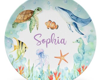 Personalized Ocean Animals Plate, Polymer Plastic, Kids Dinnerware