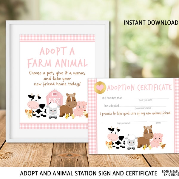 Farm Animals Adoption Station Sign Certificate or Birthday for Girl, Barnyard Fun Pink Gingham, -Barnyard Fun, Girl First Birthday