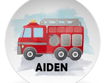 Fire Truck Plate, Keepsake plate with Firetruck, kid's plate, mug, placemat, bowl, fire truck gift, boy or girl child's plate, choose colors