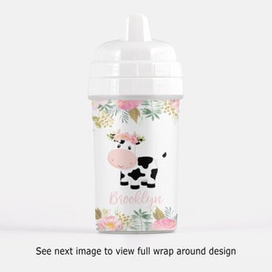 Personalized Sippy Cup with cow with floral crown, pink, toddler gift, baby gift, girl gift, cow toddler cup