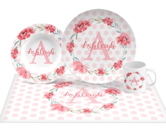 Personalized Pink Name and Initial Plate with flowers, bowl, mug, placemat, Keepsake plate, girl's plate pink, personalized gift