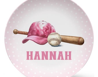 Baseball Plate pink personalized with child's name in pink, girl toddler sports gift, baseball, ball cap bat plate, bowl, mug, or placemat