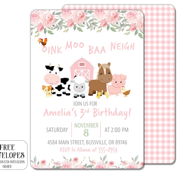 Farm Animals Birthday Invitation, Girl, Flowers, pink, Any Age, Oink Moo Baa Neigh It's [name's age] birthday, third, fourth, fifth, second