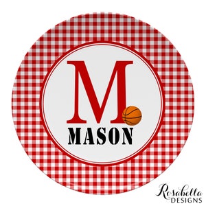 Basketball Personalized plate with name gingham borderor daily use platesports plate basketball gift