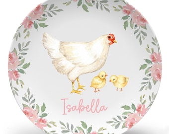 Personalized Chicken Plate Set: Pink Flowers Girl Farm Tableware Baby Toddler Dinnerware
